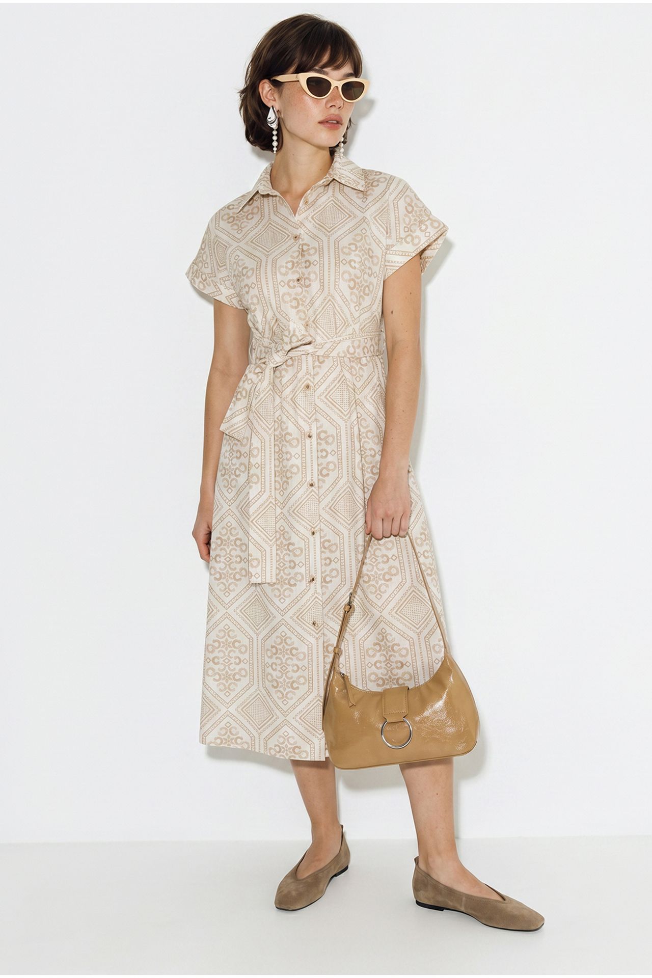 LUCCI Belted Geometric Cotton Midi Shirt Dress 2