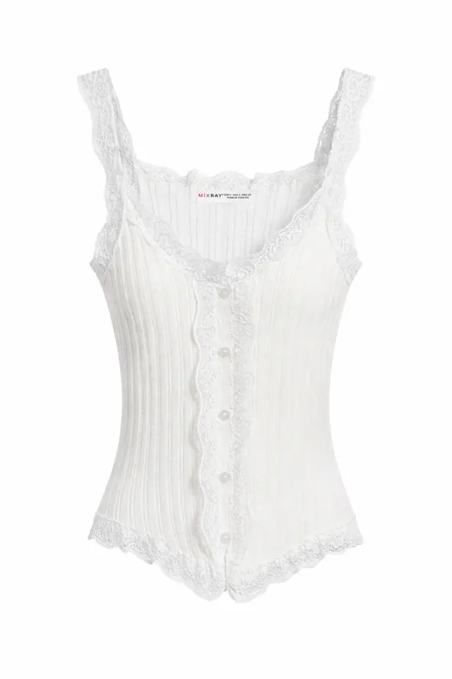 MIXRAY Fitted sleeveless lace ribbed blouse with buttons
