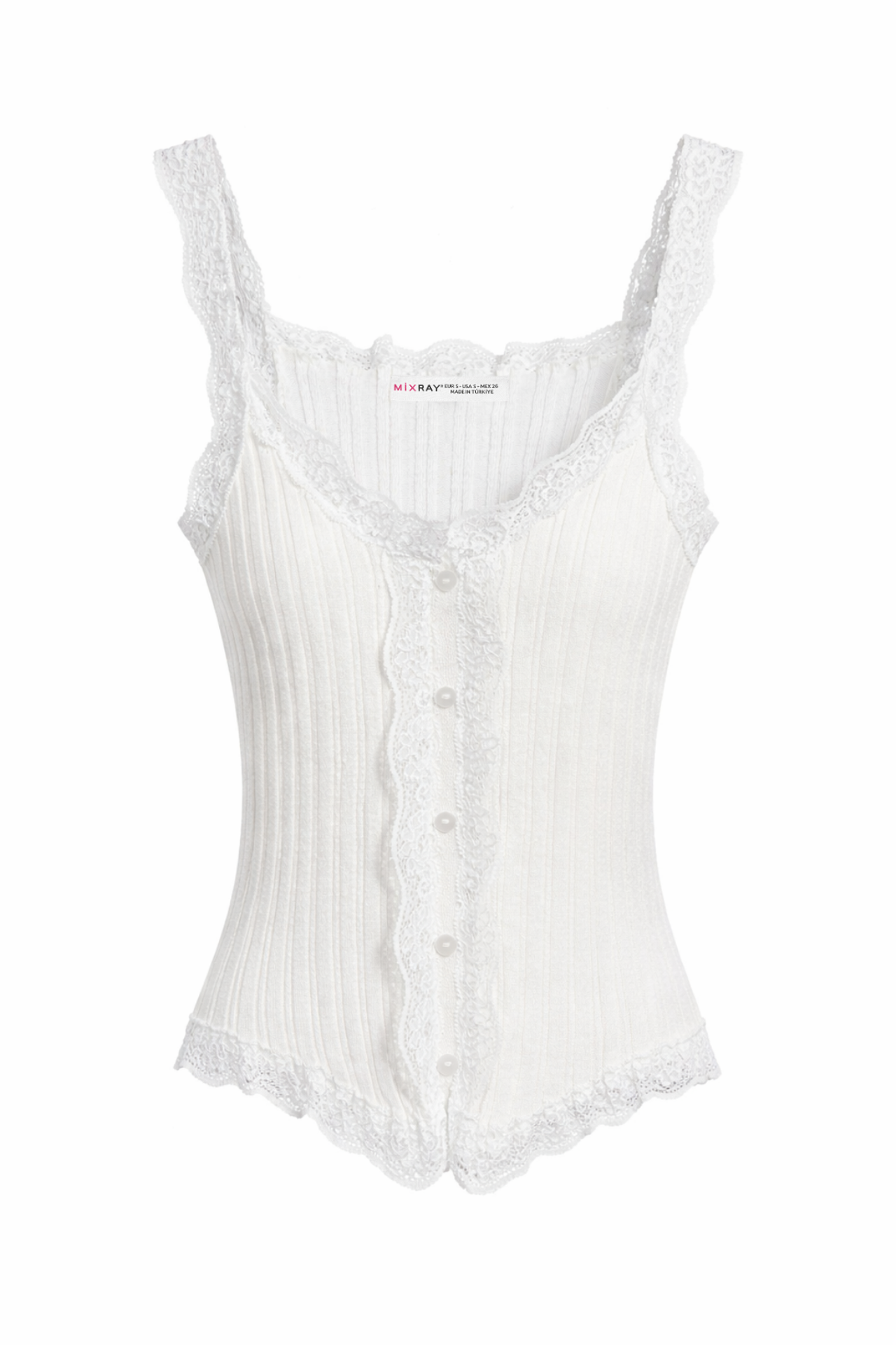MIXRAY Fitted sleeveless lace ribbed blouse with buttons 1
