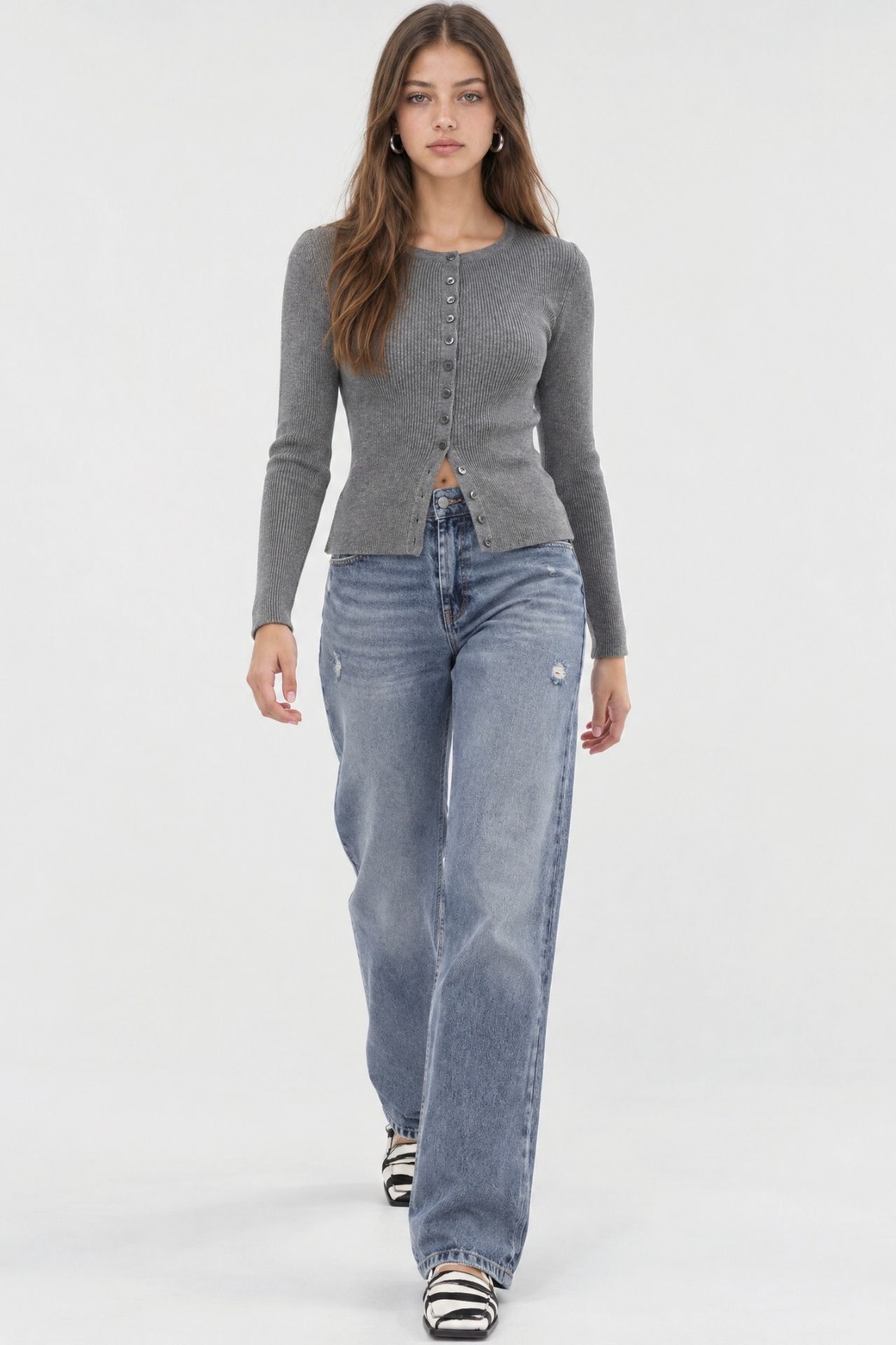 Mixray Buttoned Slim Fit Ribbed Knit Cardigan 3