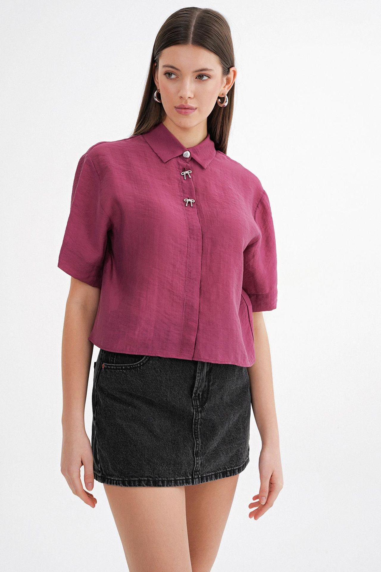 Mixray Short Sleeve Crop Shirt with Stone Accessories 4
