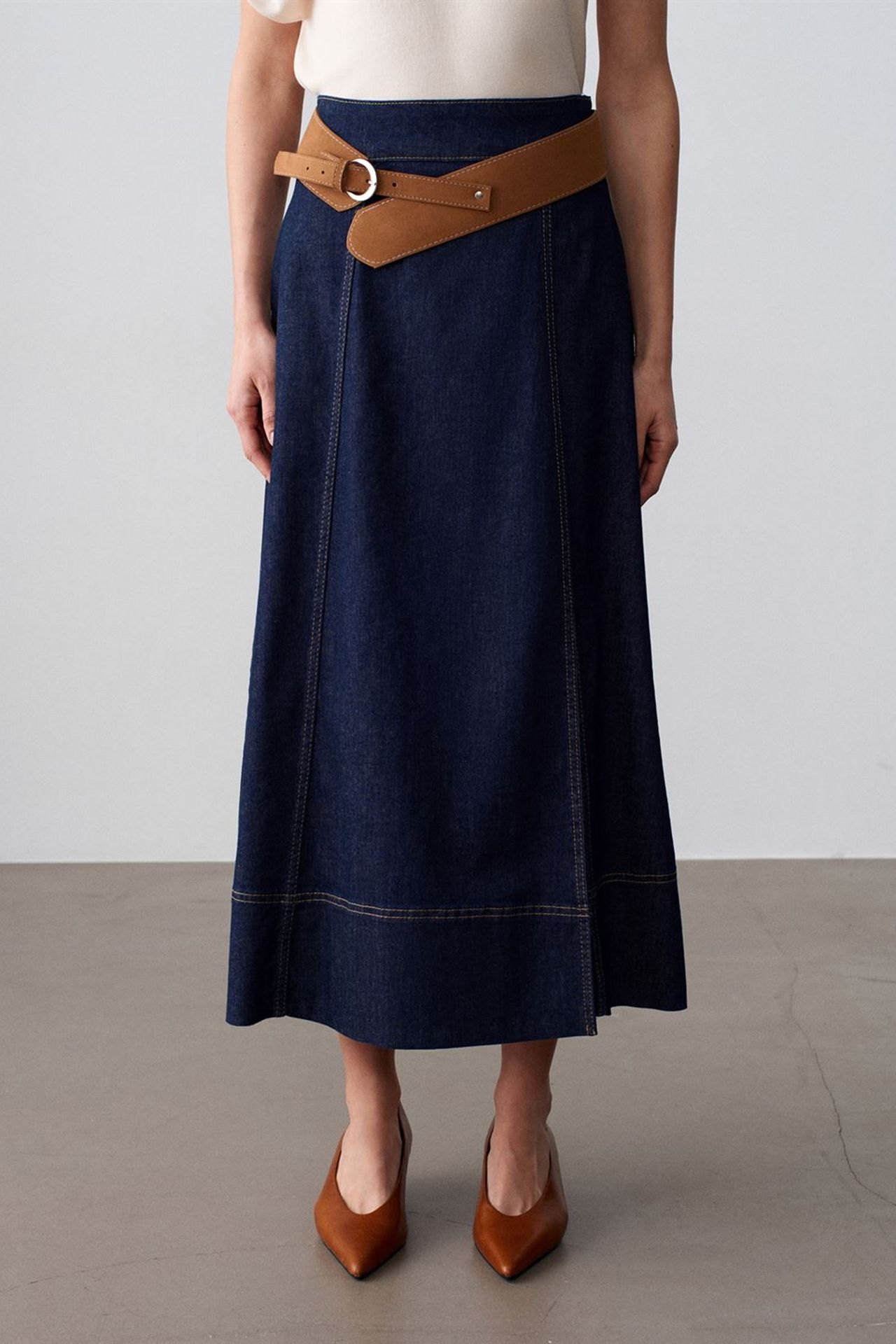 DILVIN High-Waist A-Line Denim Maxi Skirt With Belt 3