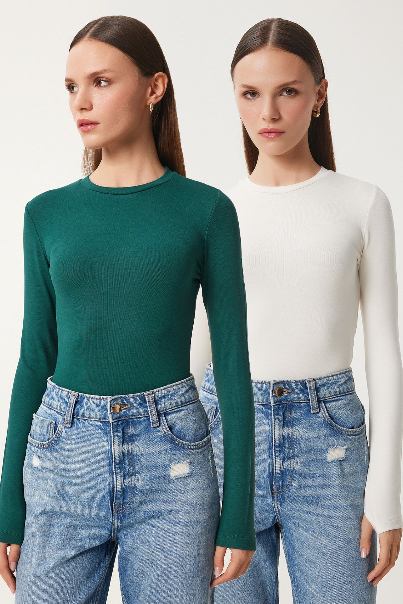 ISTANBUL Fitted Long Sleeve Crew Neck 2-Pack Blouse 1