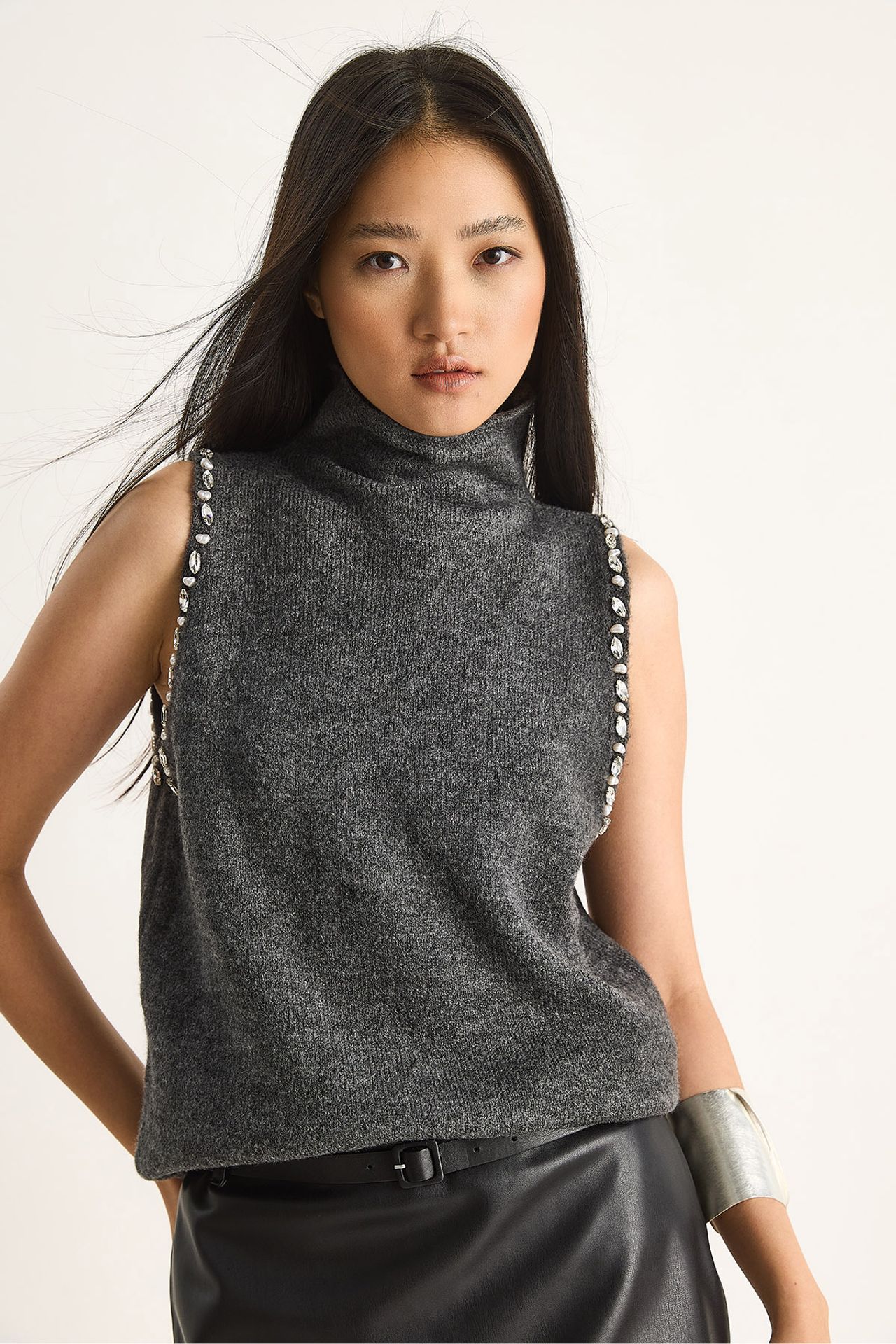 LUCCI Turtleneck Blouse with Pearl Detail