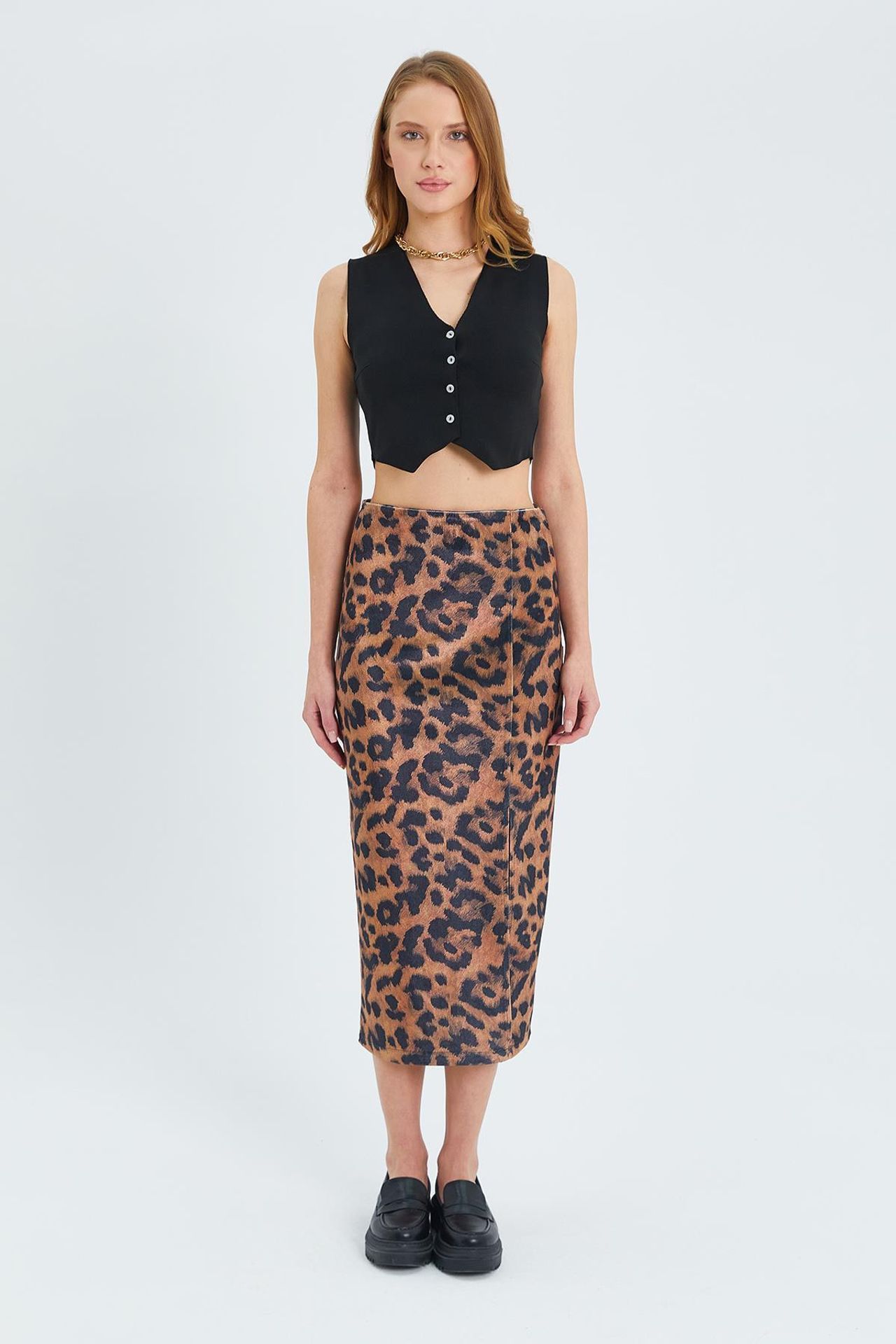 Mixray Leopard Print High Waist Midi Skirt with Slit 5