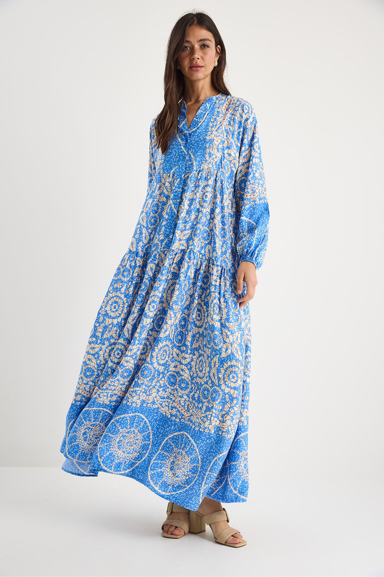 Patterned Maxi Dress with V-neck and Button Closure