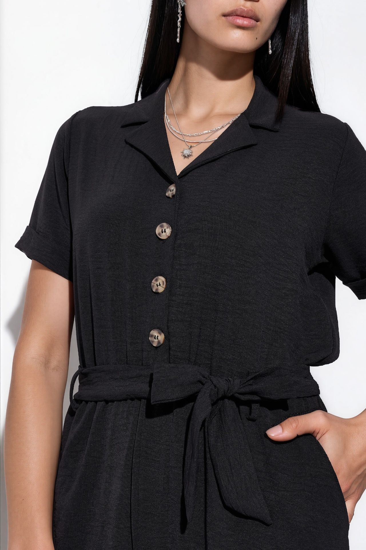 BDART Solid Woven Shirt-collar Jumpsuit With Bow Detail 4