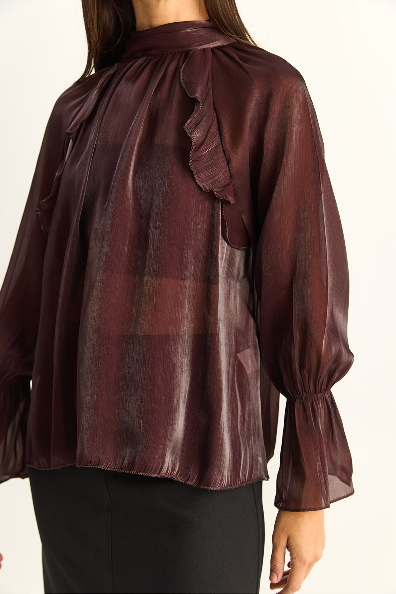 LUCCI Frilly Mandarin Collar Button-Up Shirt 6