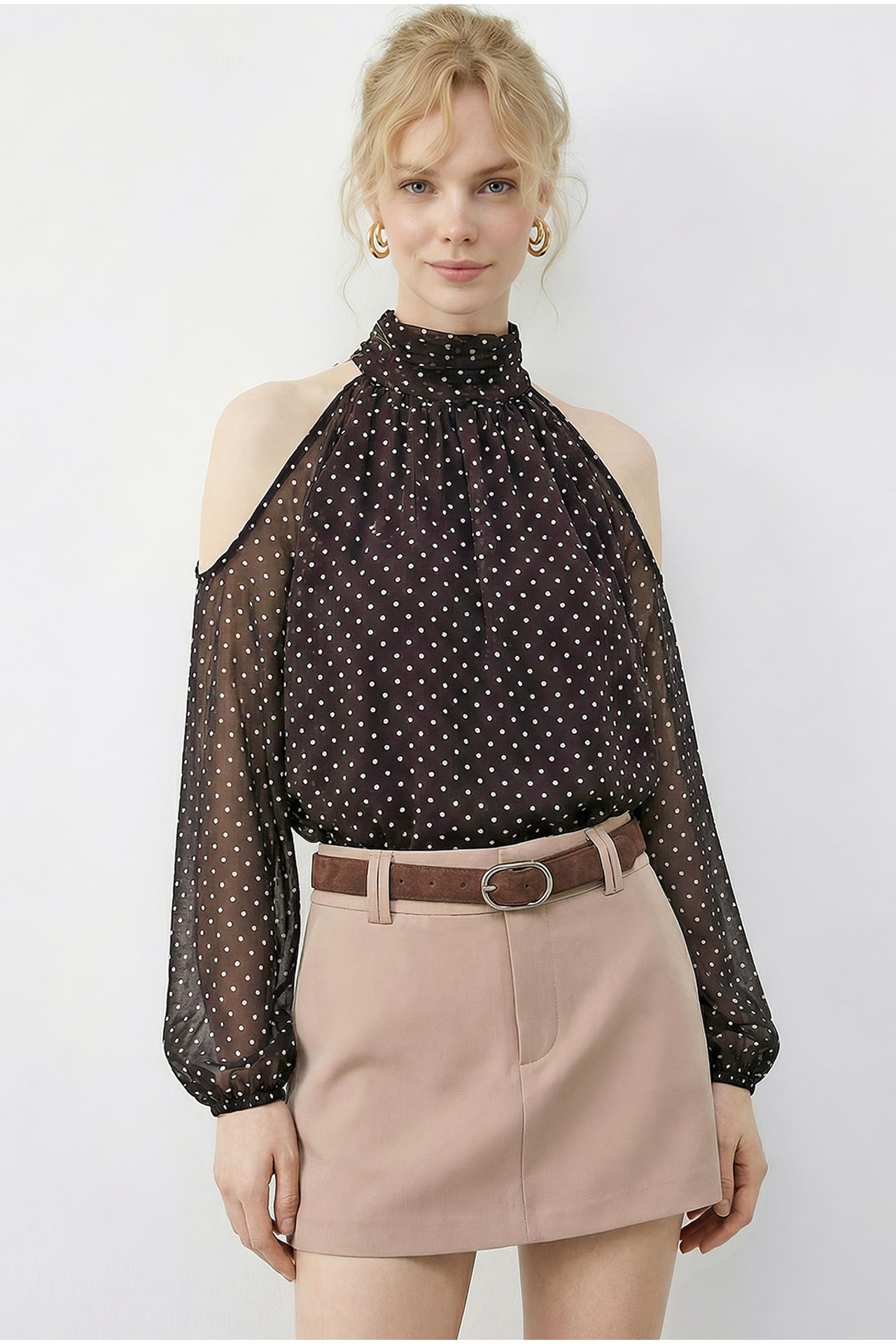 LUCCI Polka Dot Chiffon Turtleneck Blouse with Cut Out 2