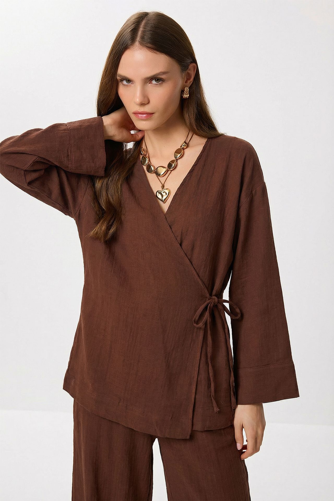 ISTANBUL High Waist Wide Leg Pants & V-Neck Tie Detail Blouse Co-ord Set 3
