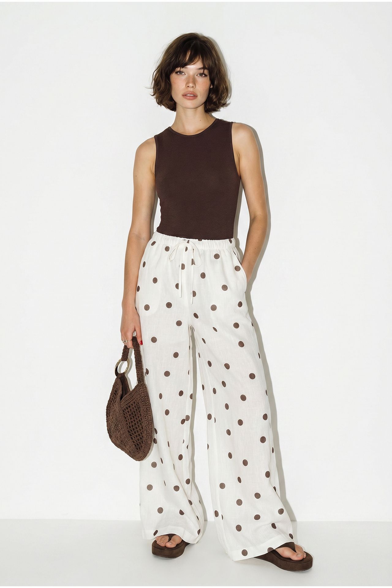 LUCCI Polka Dot Wide-Leg Tie-Waist Trousers 3