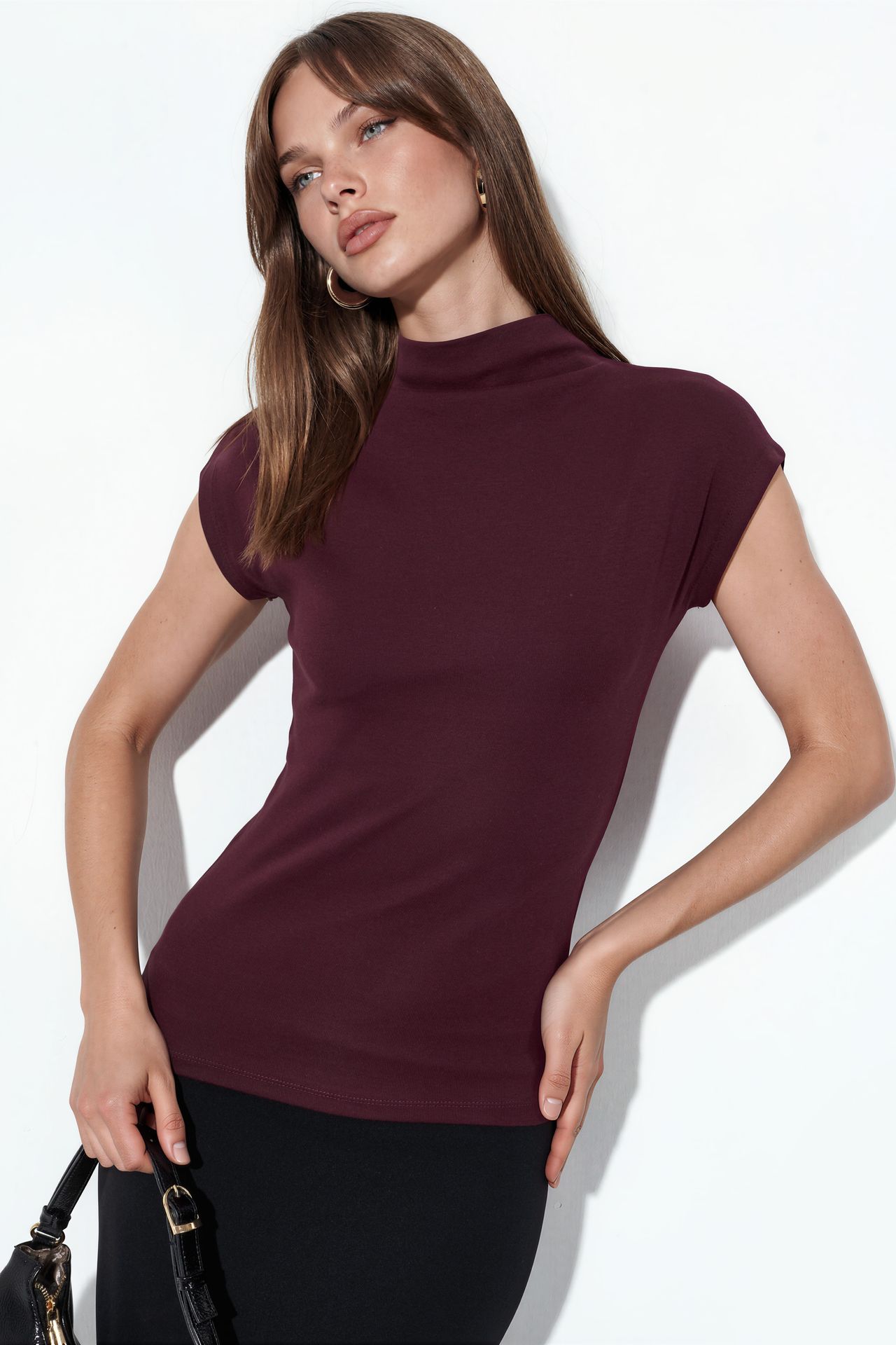Fitted Mock Neck Cap Sleeve Knitted Blouse 1