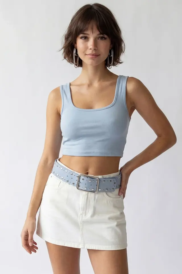 MIXRAY Women's Fitted Square-neck Crop Tank Top
