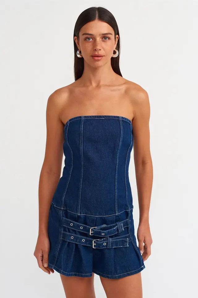 DILVIN Strapless Mini Denim Dress With Belt