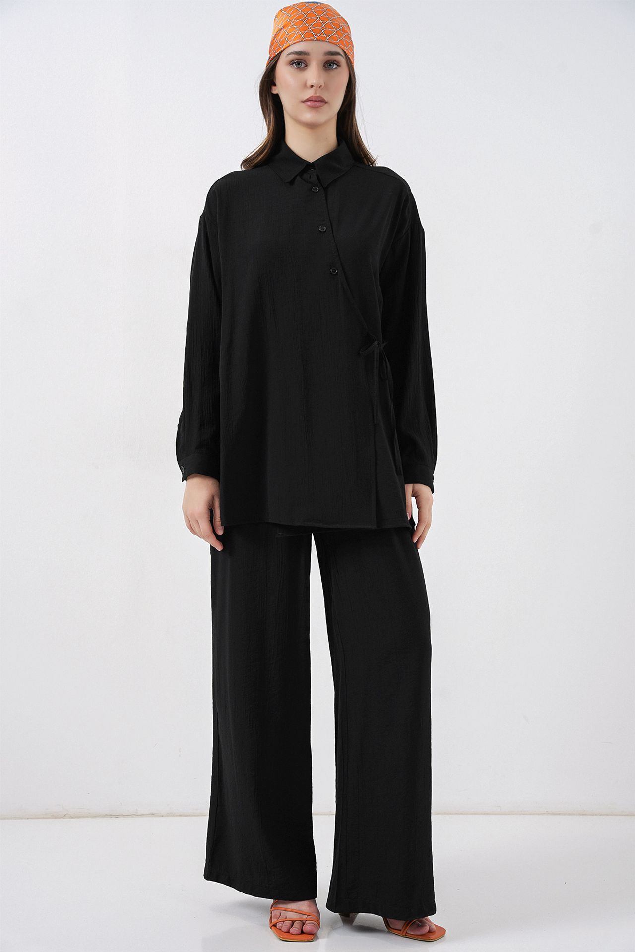 BDART Tie Detail Shirt Collar Tunic-Pants Set 1