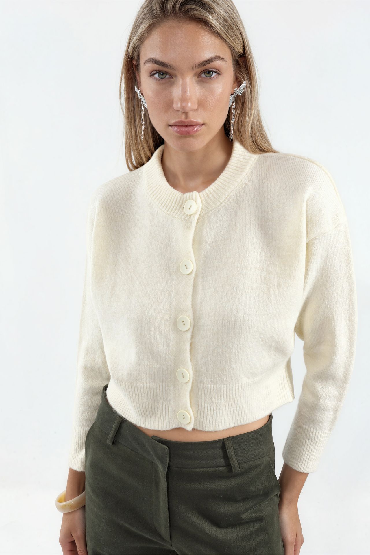VIORNA Crop Ribbed Cardigan With Buttons 1