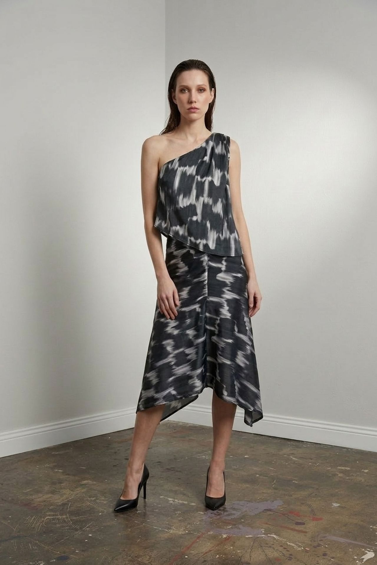 MY FASHION Asymmetrical Satin Blouse and Midi Skirt Set 3