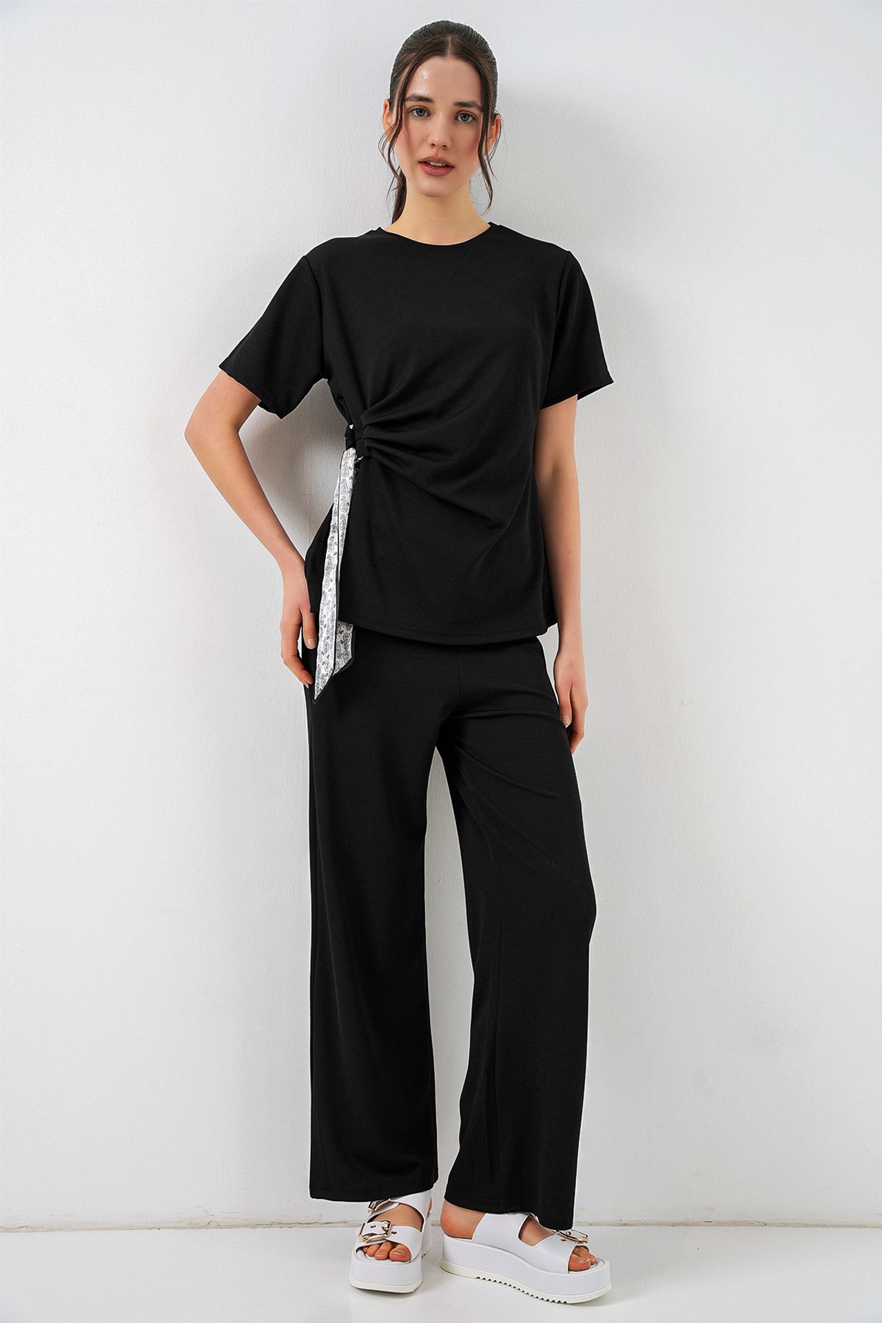 BDART Crew Neck Tie Detail Ribbed Co-Ord Set with Wide Leg Trousers 4