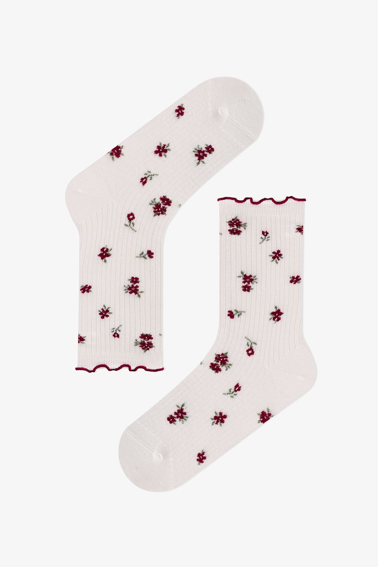 PENTI Ruffled Floral Crisp Flower Pattern Cotton Pair Crew Socks 3