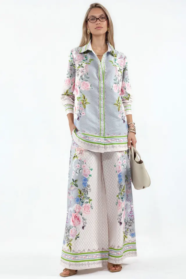 MSN Floral Shirt Collar Blouse And Wide-Leg Pants Set