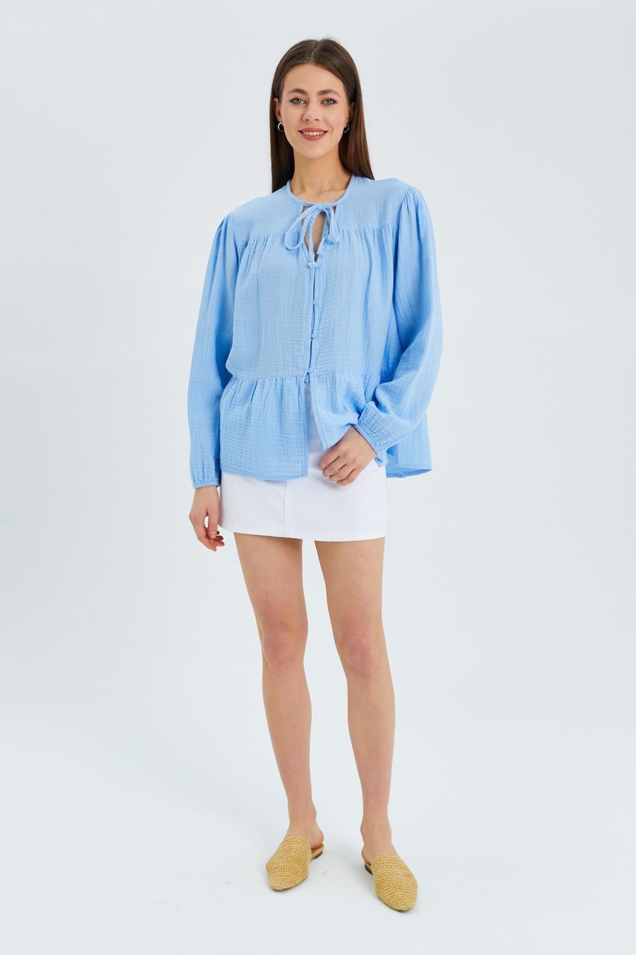 Mixray Long Sleeve Relaxed Fit Blouse with Tie-Neck 2