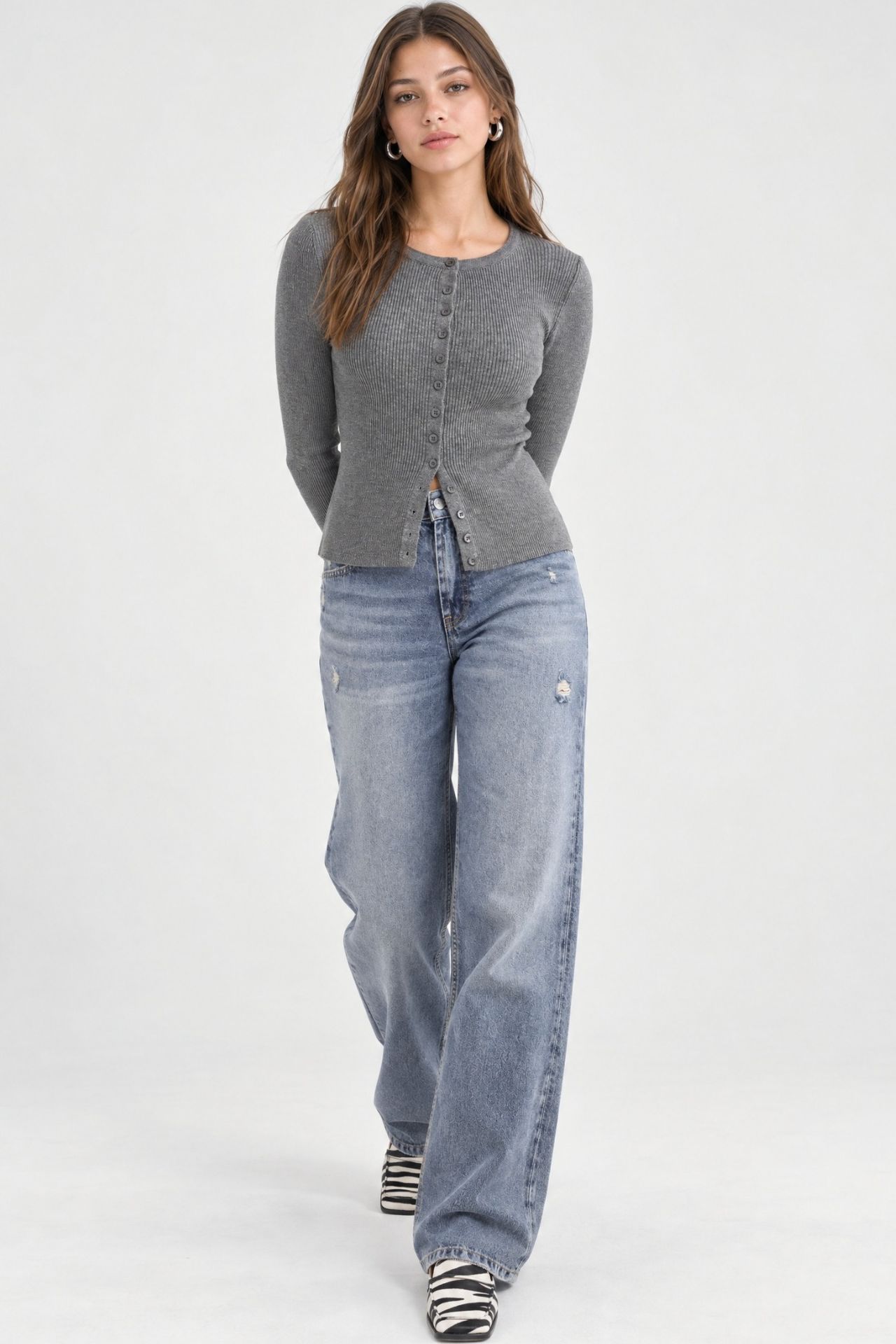 Mixray Buttoned Slim Fit Ribbed Knit Cardigan 2