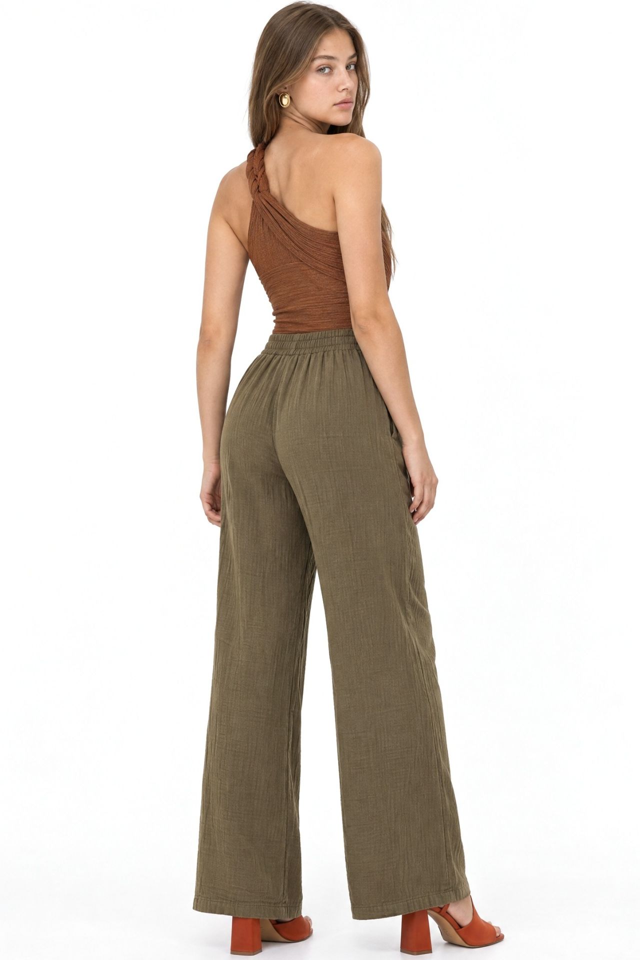 Mixray High Waist Textured Muslin Fabric Pants 4