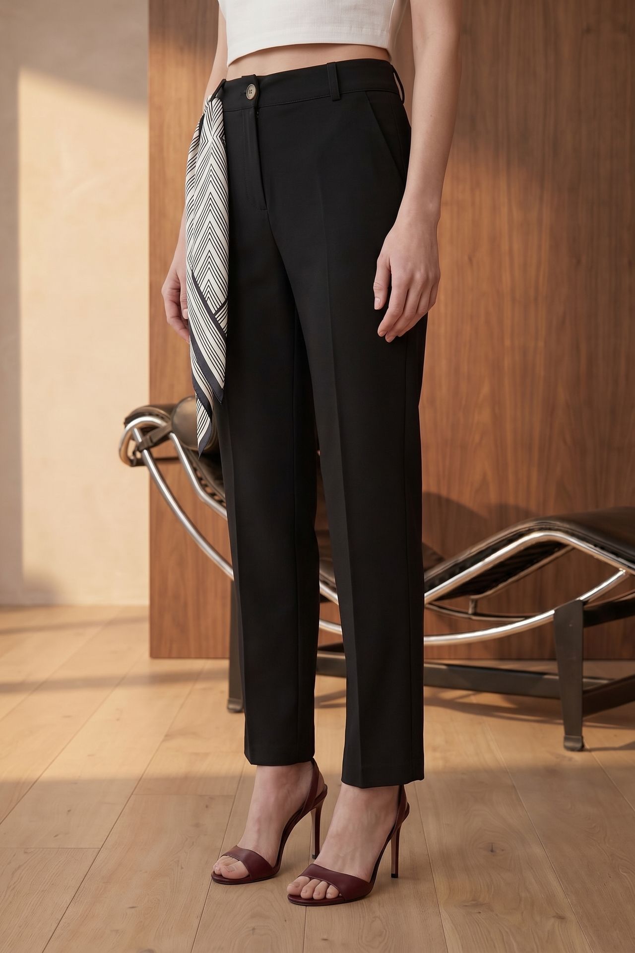 MY FASHION High-Waist Straight-Leg Crepe Trousers with Belt 3