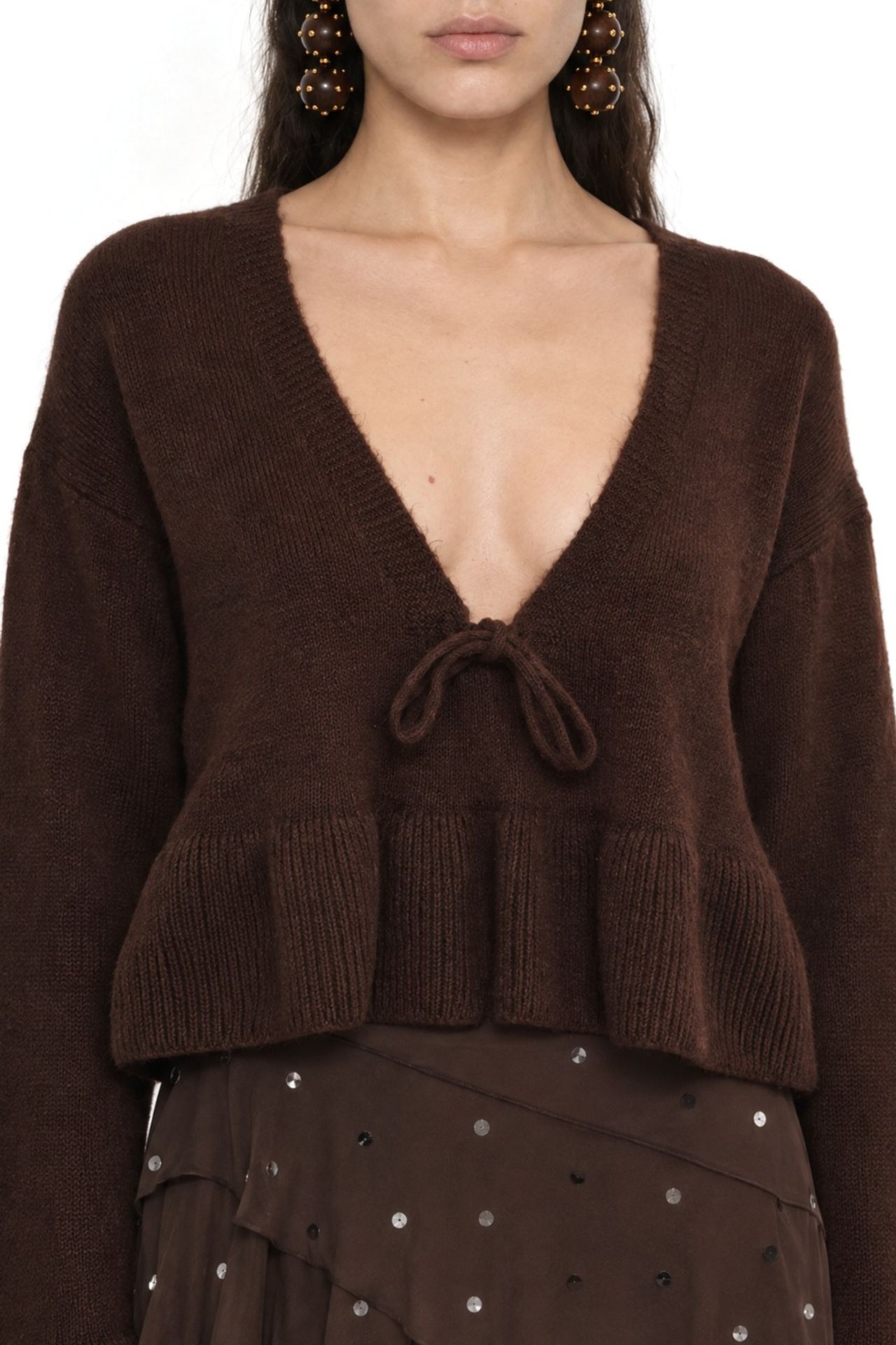 Mixray Tie Detailed Ruffled V-Neck Knit Sweater 4