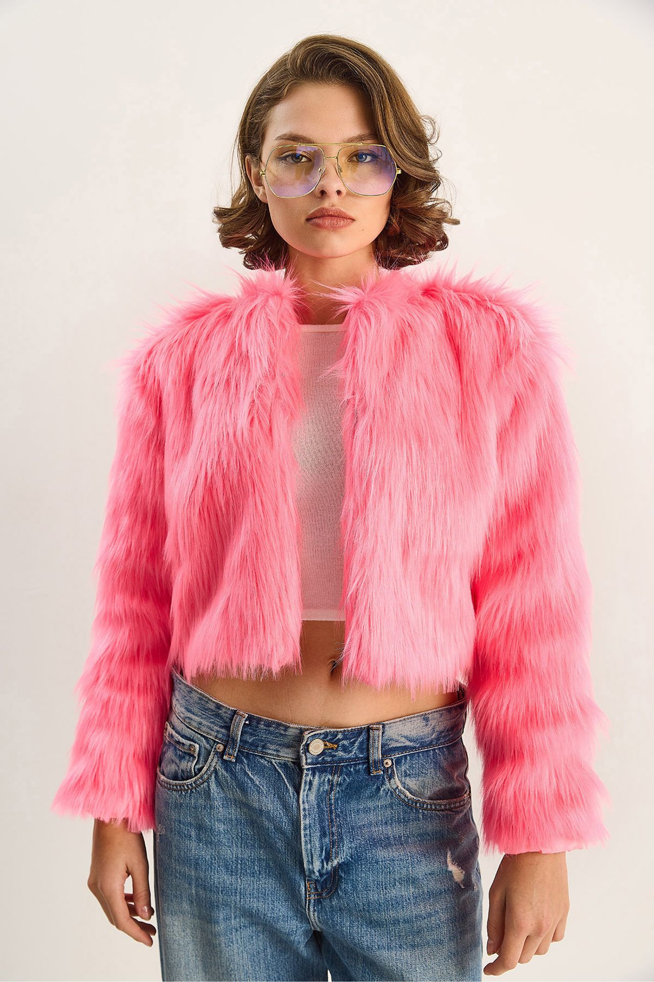 LUCCI Boxy Crop Faux Fur Coat 4
