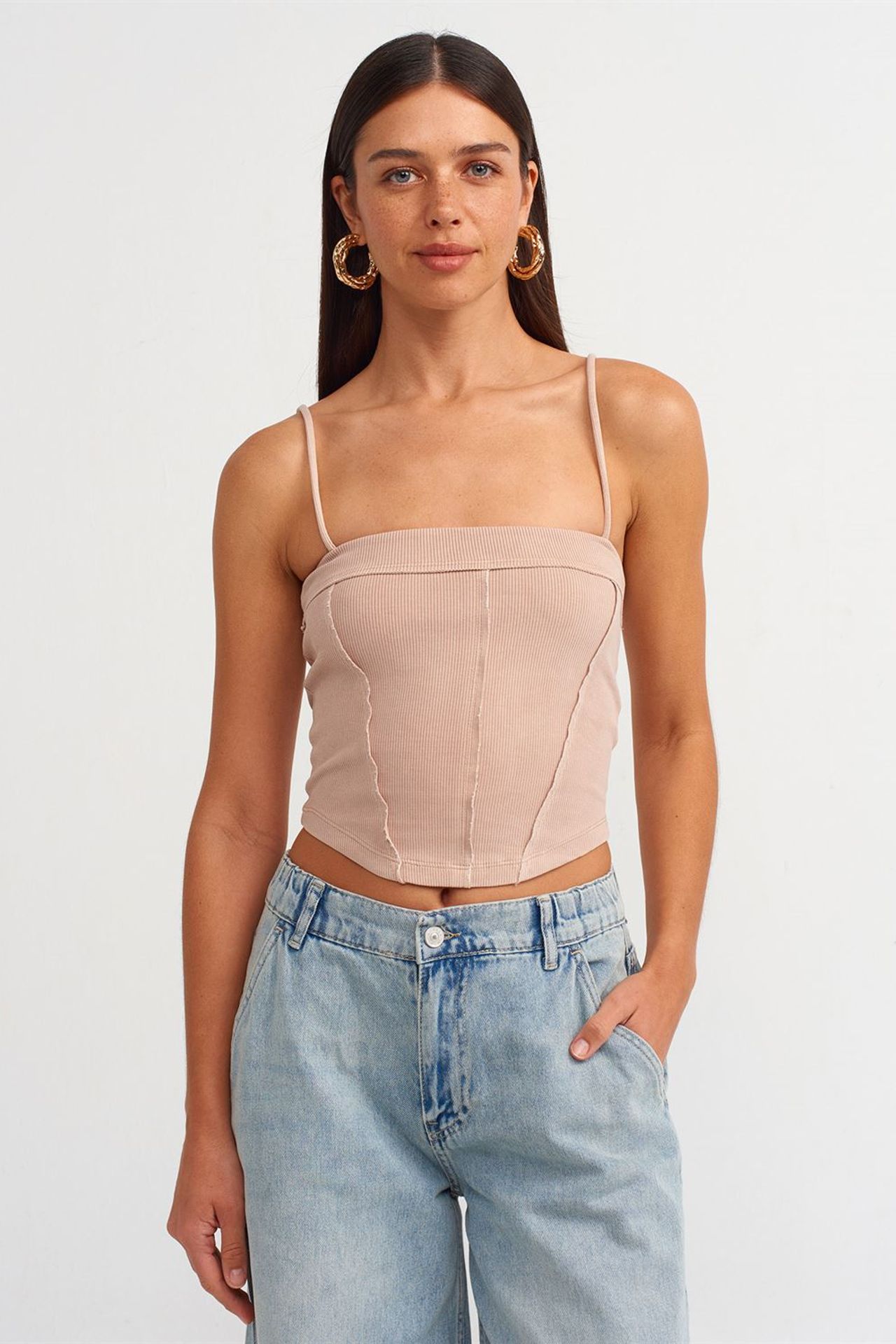 DILVIN Kare Yaka Fitilli Crop Bluz 4