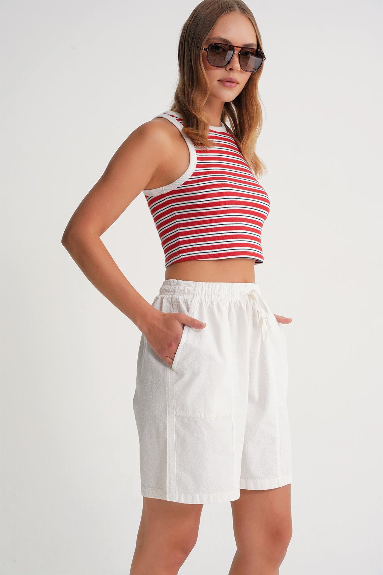 Mixray High Waist Cotton Drawstring Mini Shorts