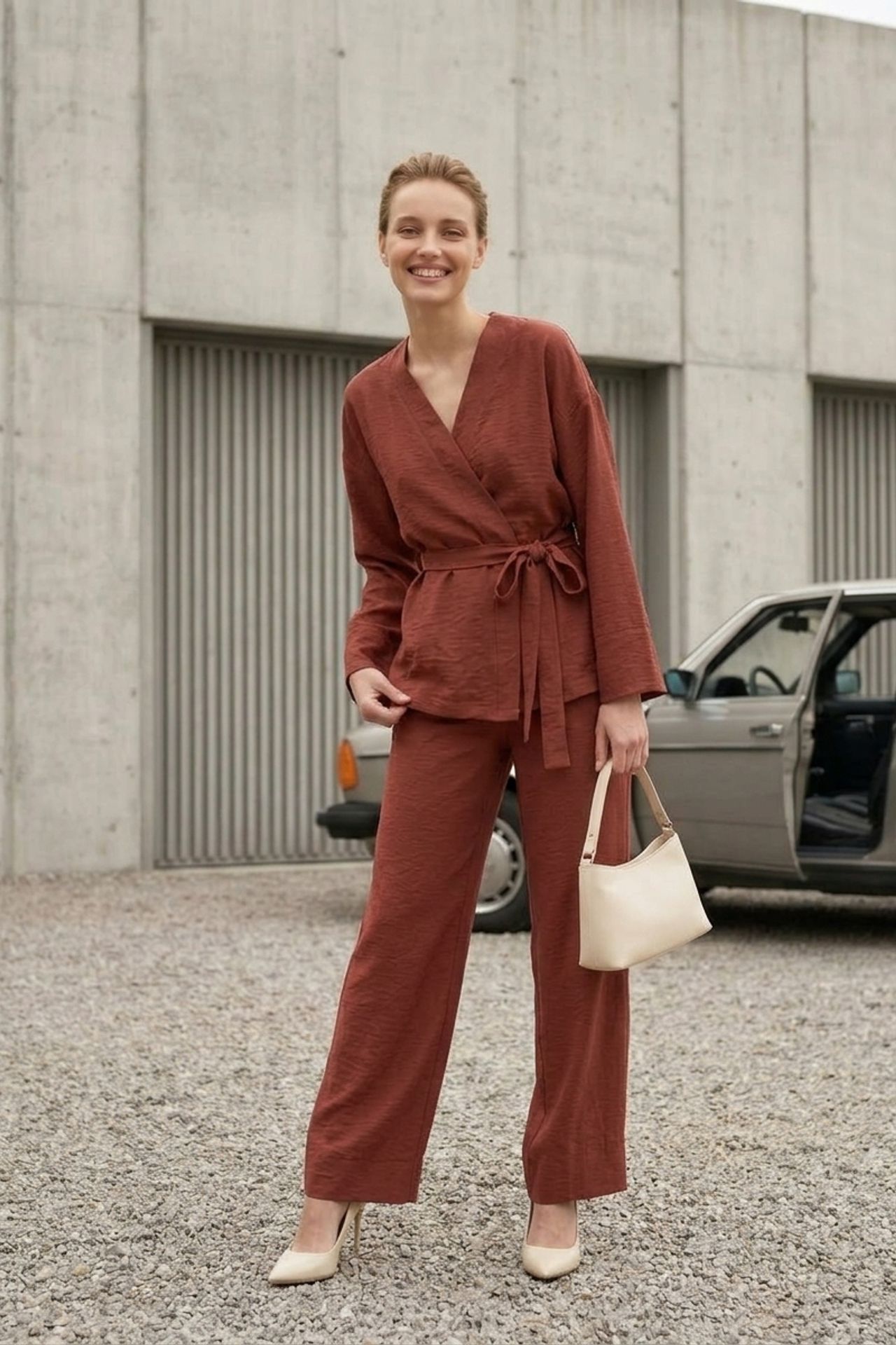 MY FASHION Belted V-neck Long Sleeve Two-Piece Set 2