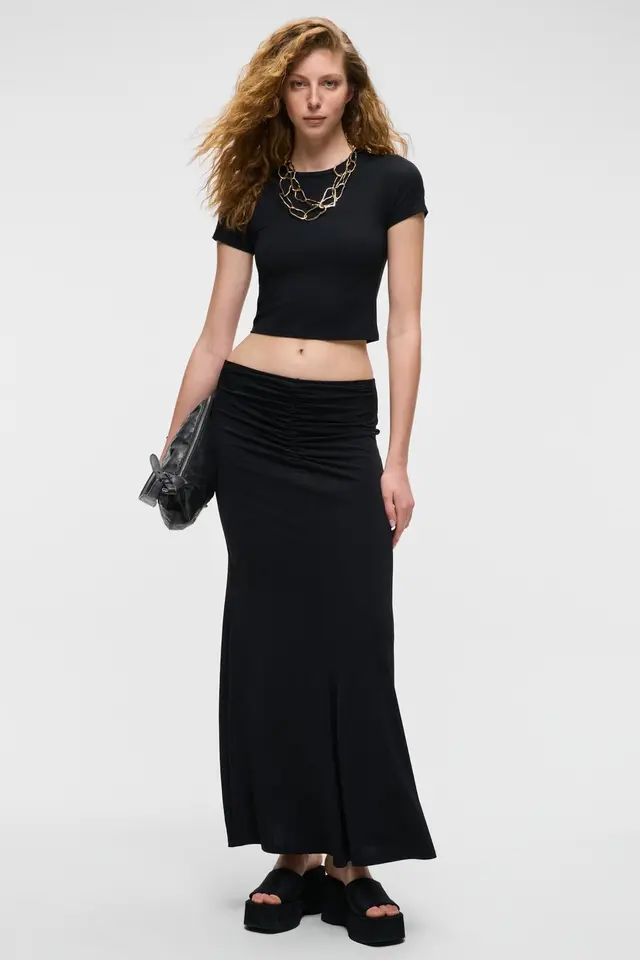 GRIMELANGE Shirred Mid Waist Maxi Skirt