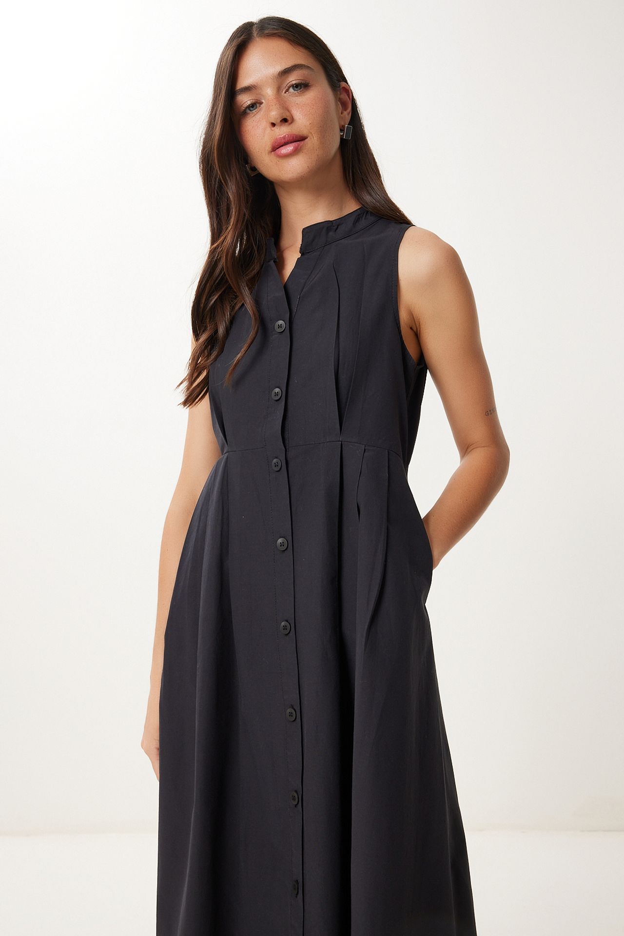 ISTANBUL Mandarin Collar Sleeveless A-Line Midi Dress 5