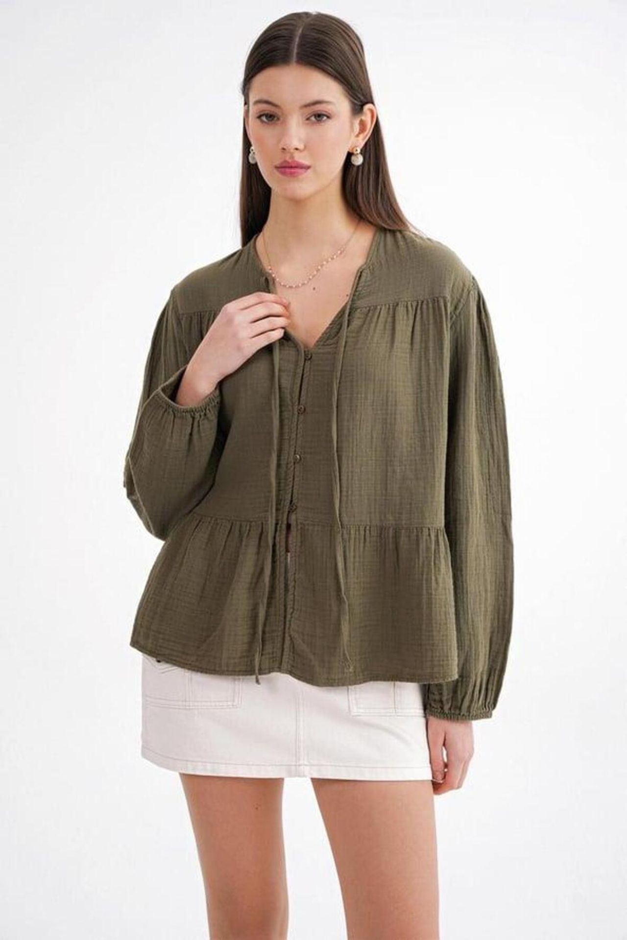 Mixray Long Sleeve Relaxed Fit Blouse with Tie-Neck 3