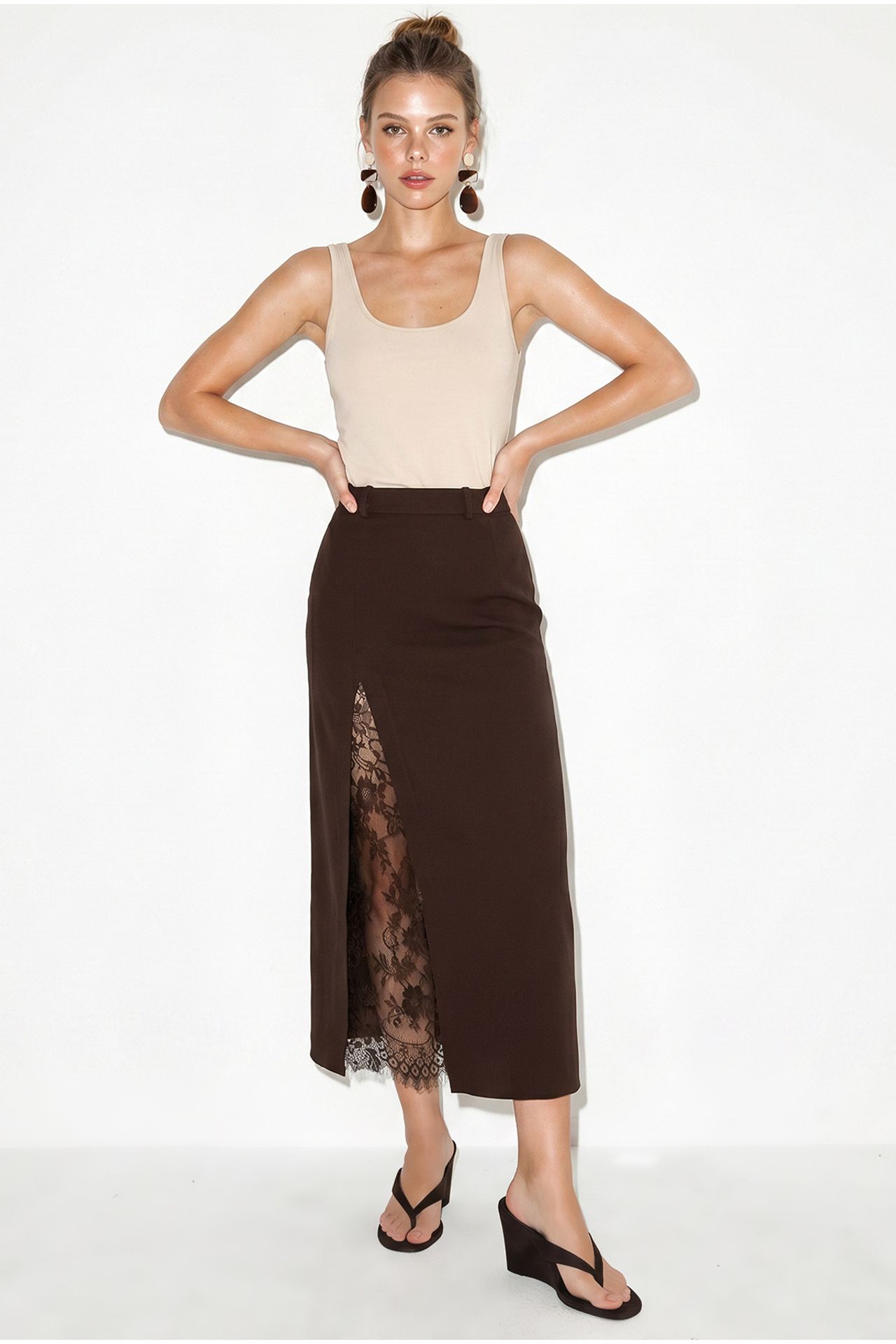 LUCCI High-Waist Lace Midi Pencil Skirt