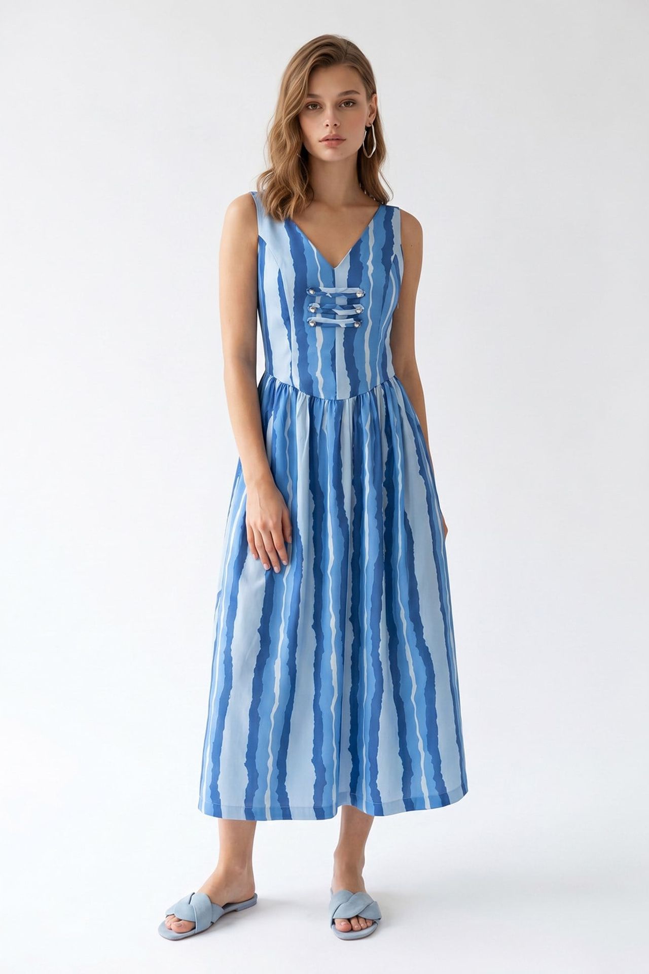 MIXRAY Striped A-line Midi Dress With Tie Detail 1