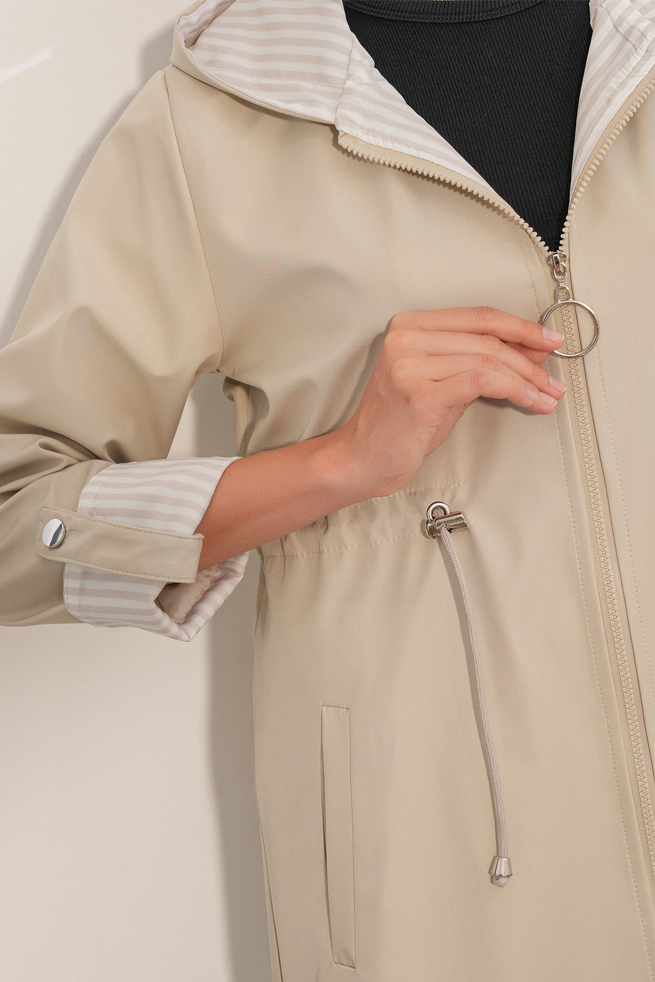 BDART Hooded Long Striped Trench Coat with Drawstring Waist 5