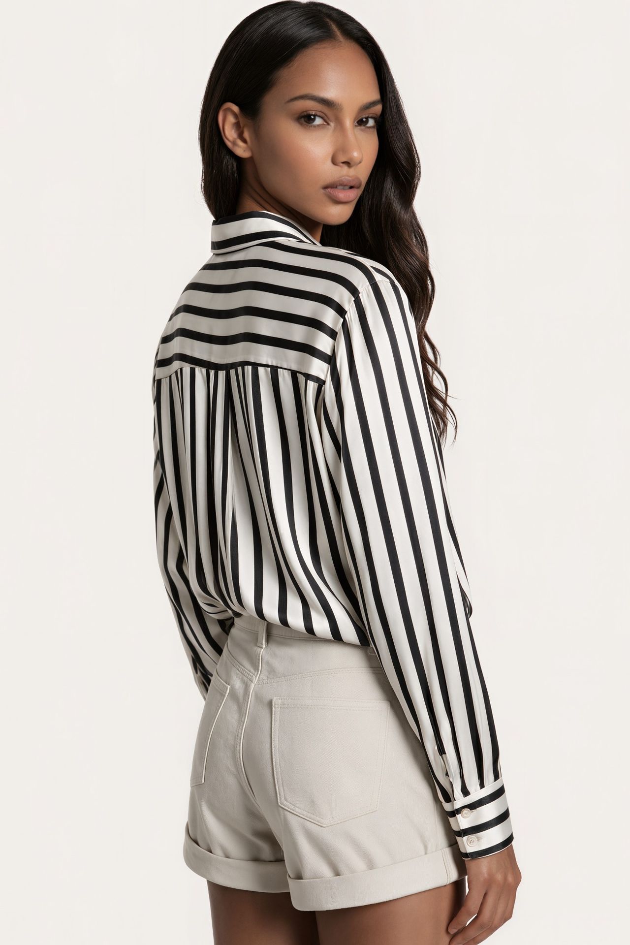 MSN Women's Oversized Striped Shirt Collar T-Shirt