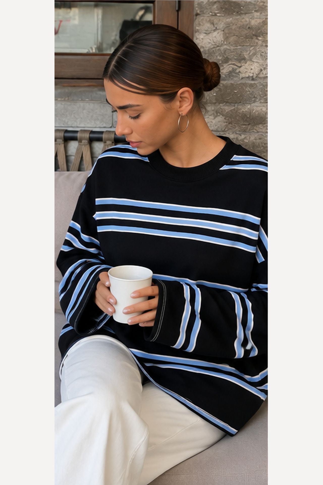 BIPANTOLON Kadın Oversize Çizgili Bisiklet Yaka Sweatshirt 4