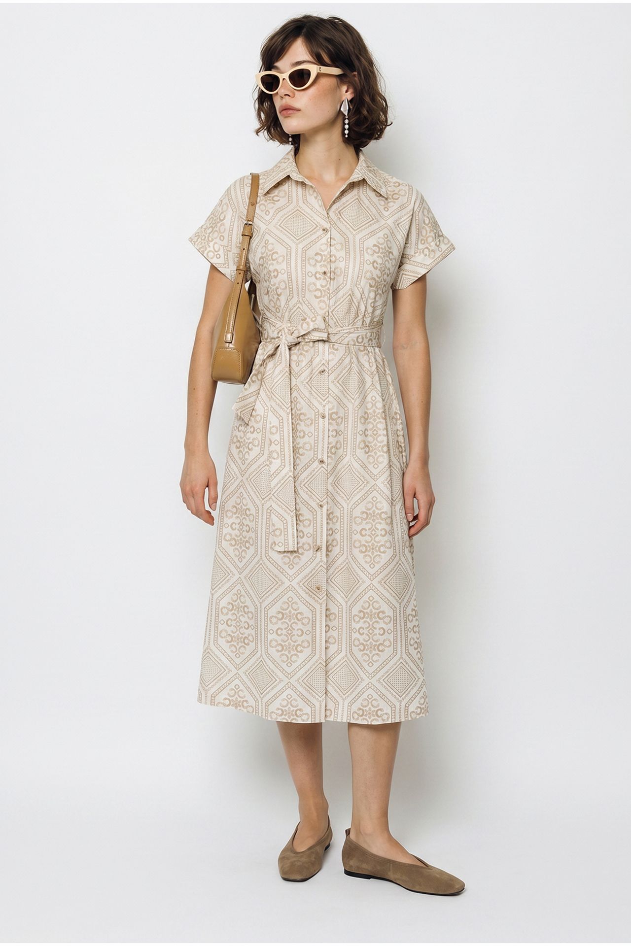LUCCI Belted Geometric Cotton Midi Shirt Dress 1