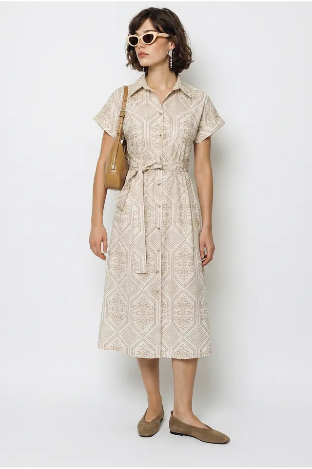 LUCCI Belted Geometric Cotton Midi Shirt Dress