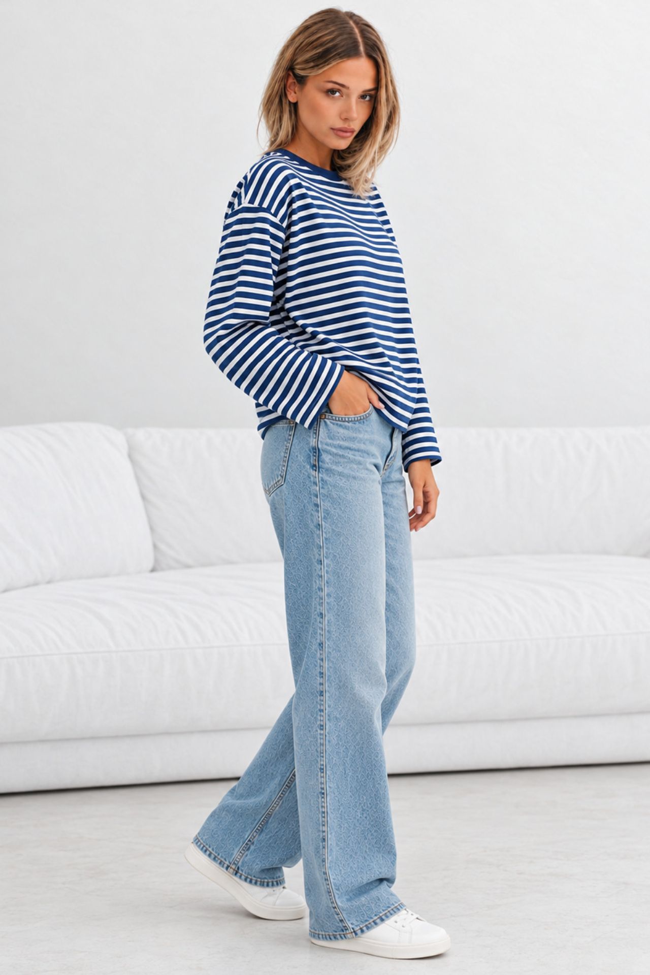 BIPANTOLON Kadın Oversize Çizgili Bisiklet Yaka Sweatshirt 4