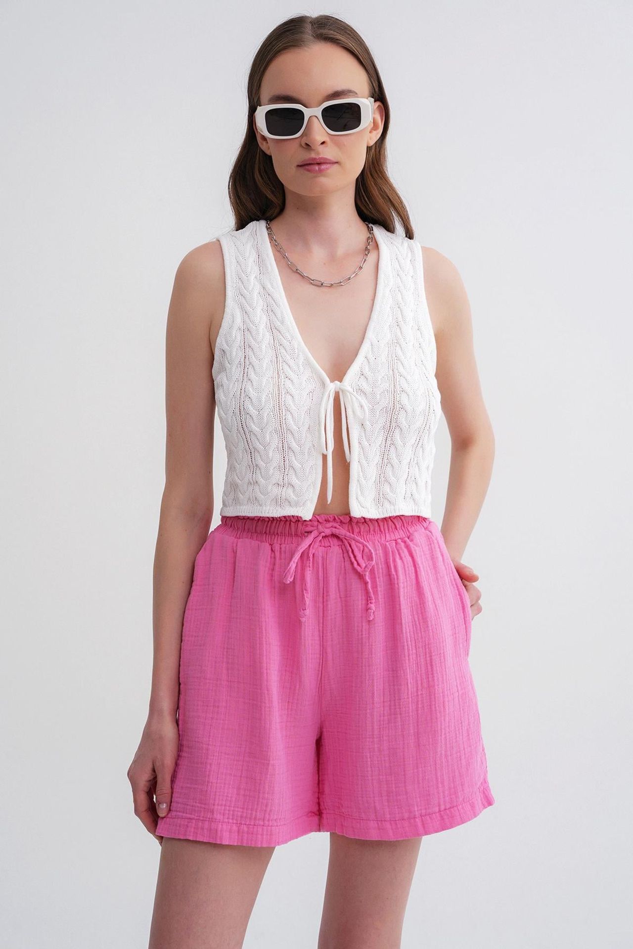 Mixray High-Waist Textured Wide-Leg Shorts