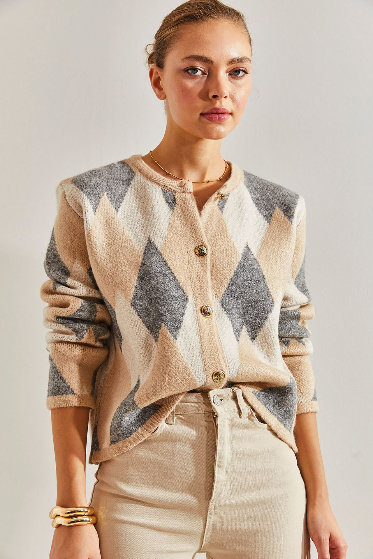 LUCCI Geometric Knitwear Button-Up Crop Cardigan 2