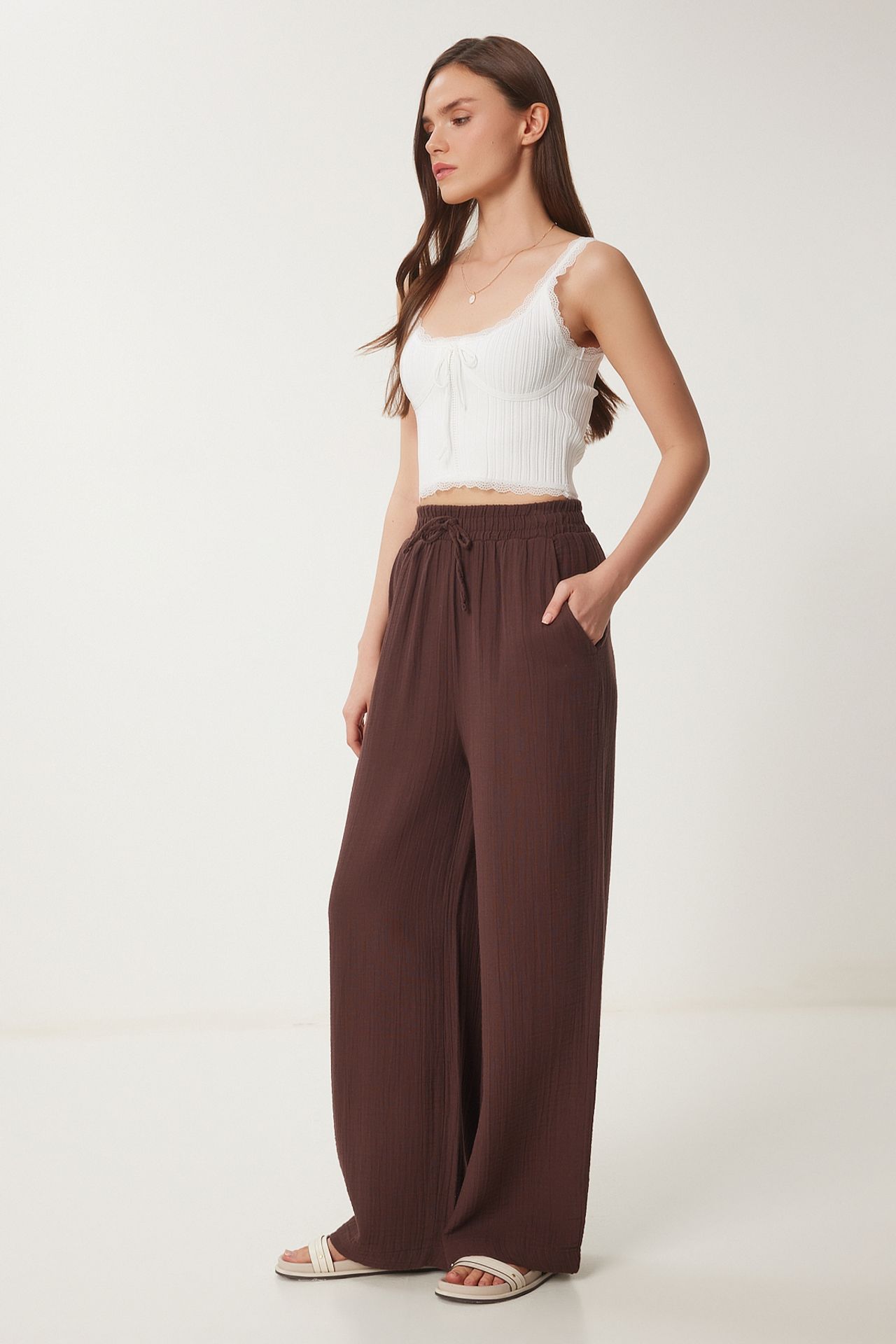 ISTANBUL Wide Leg Drawstring Waist Pants with Binding Detail 4