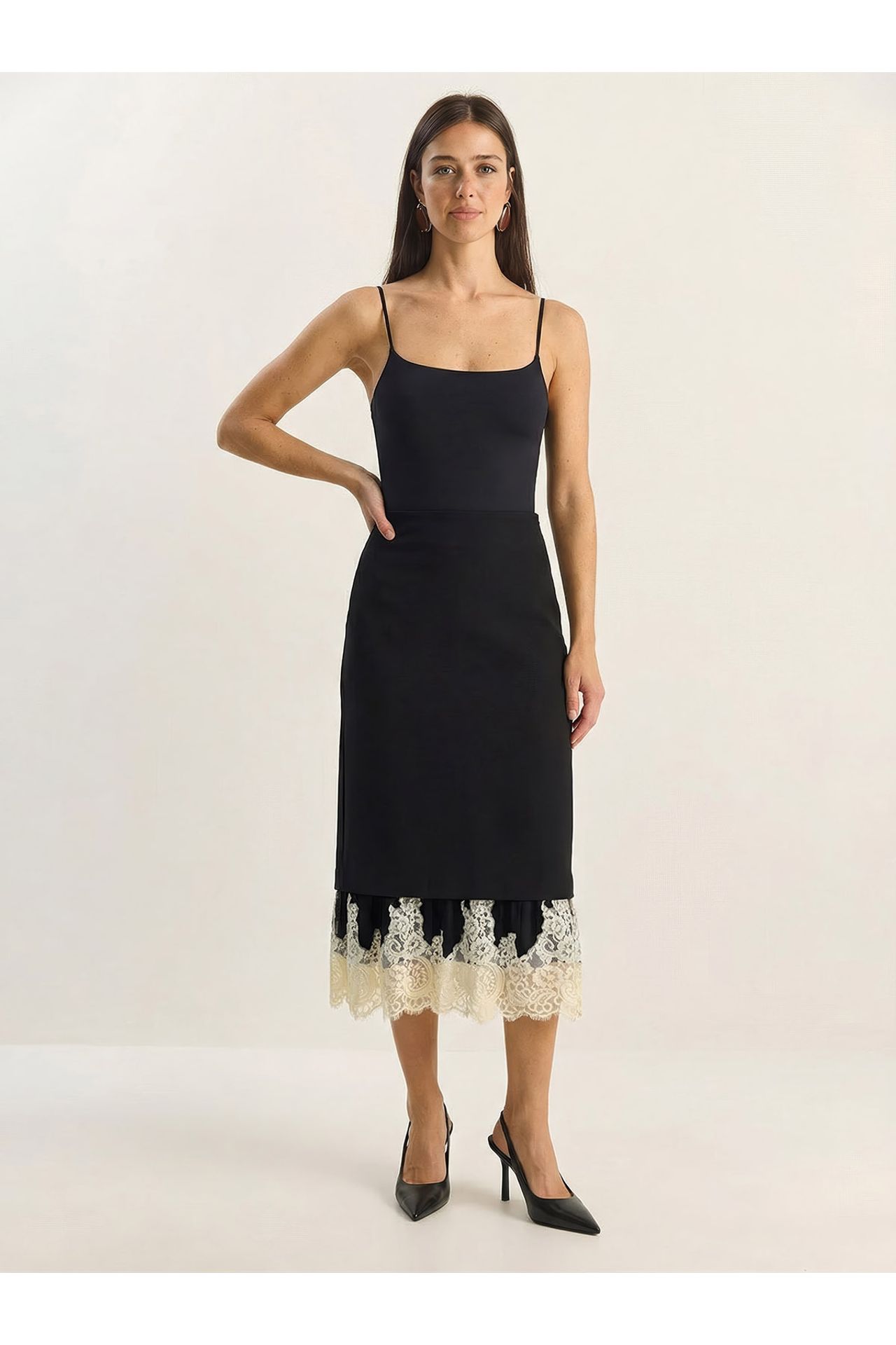 LUCCI High Waist Midi Skirt with Lace Bottom 2