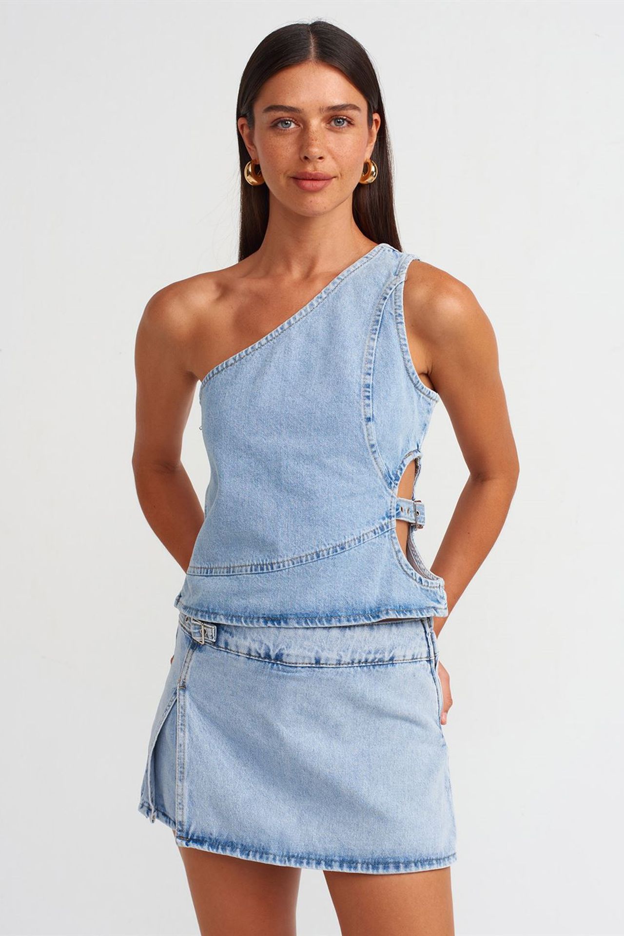 DILVIN Pamuklu Denim Mini A Kesim Etek 3
