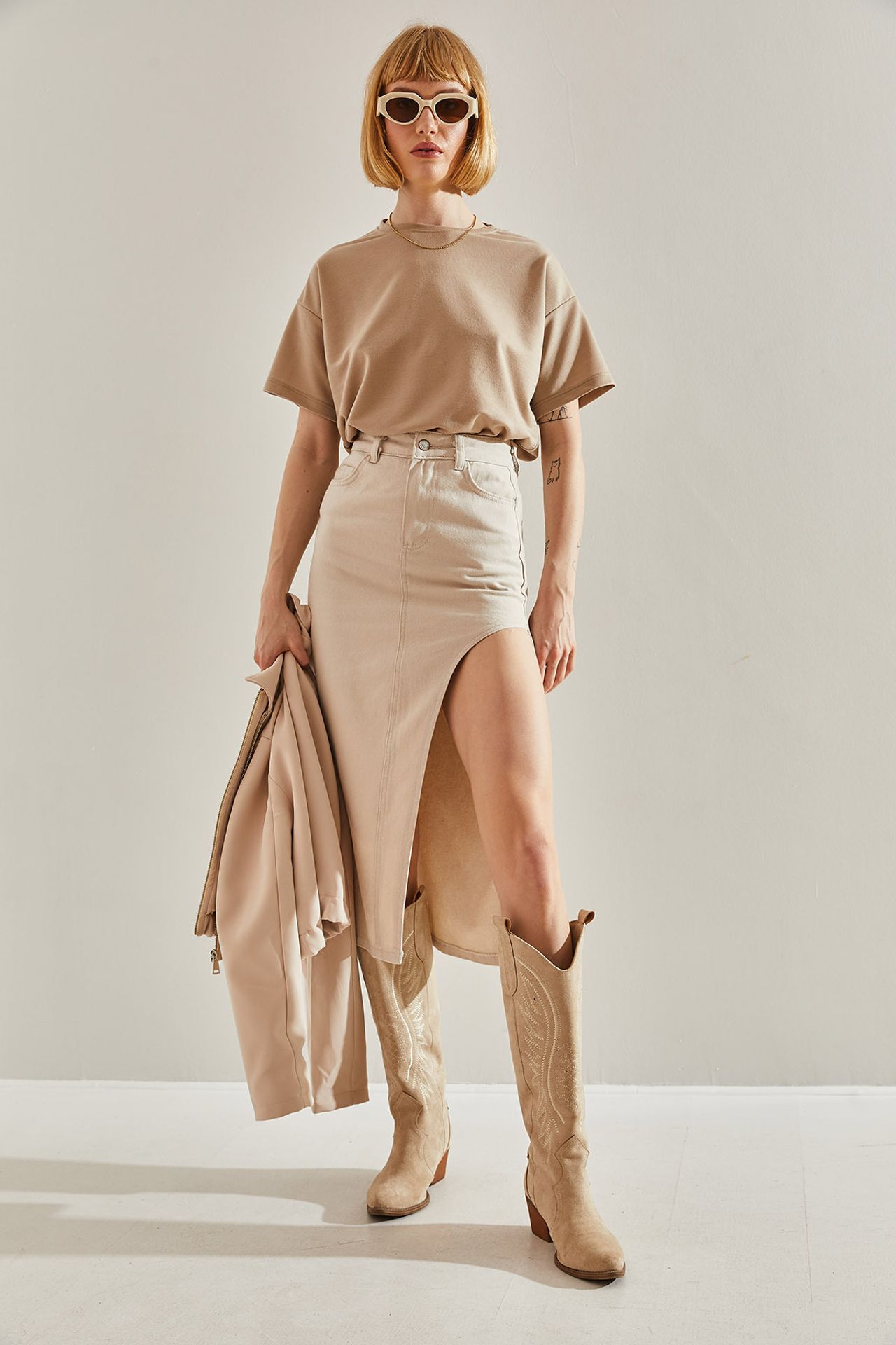 LUCCI High Waist Slit Midi Denim Skirt